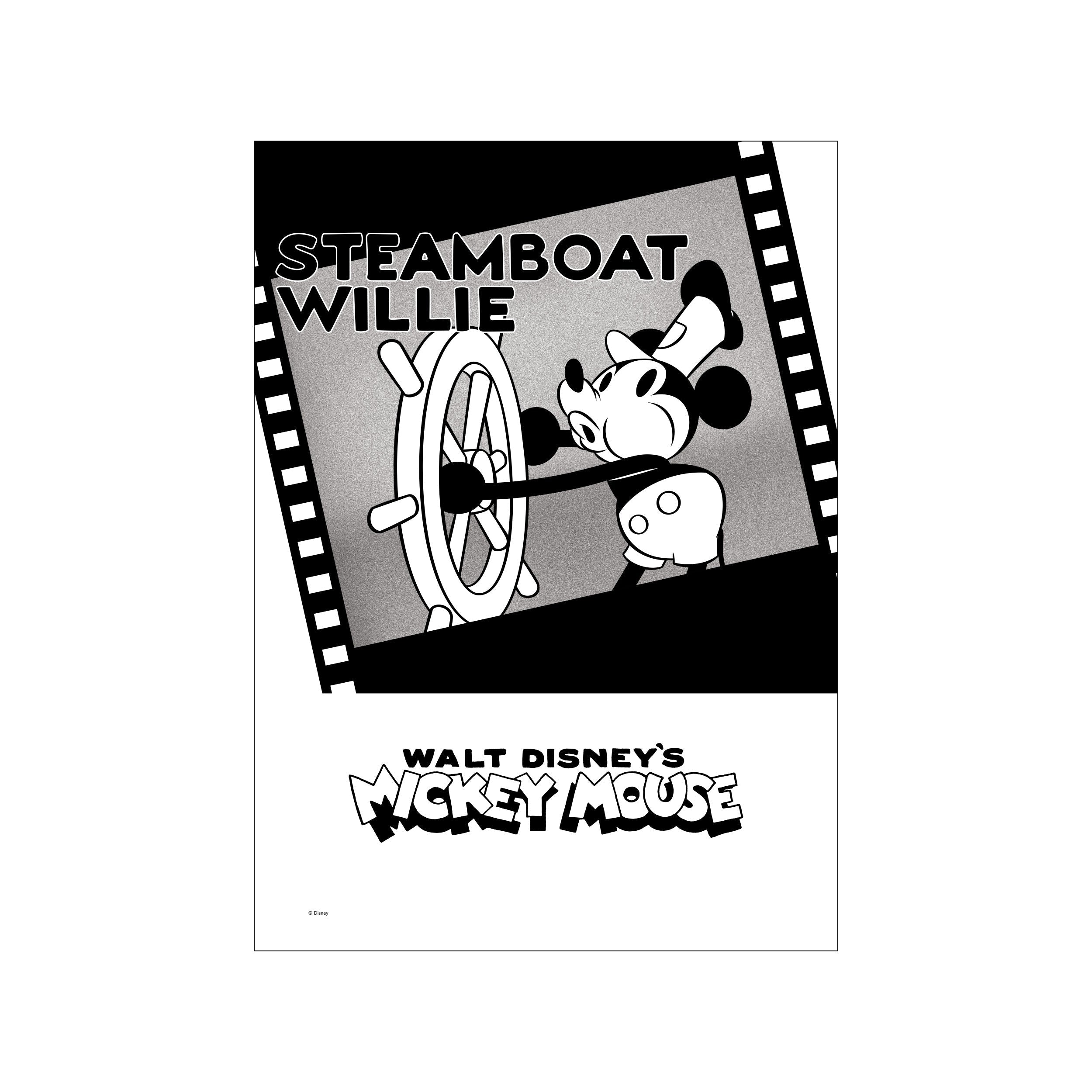 Mickey Mouse as Captain steering a ship's wheel, set against a backdrop with 'Steamboat Willie' text and film strip borders. Monochrome palette with a playful, nostalgic vibe.