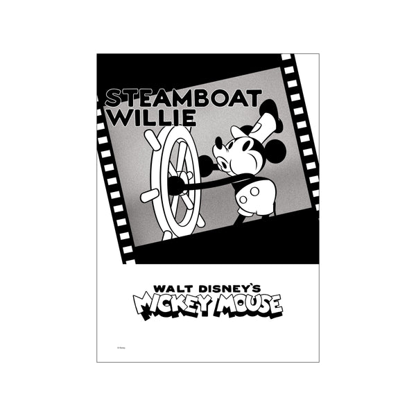 Mickey Mouse as Captain steering a ship's wheel, set against a backdrop with 'Steamboat Willie' text and film strip borders. Monochrome palette with a playful, nostalgic vibe.