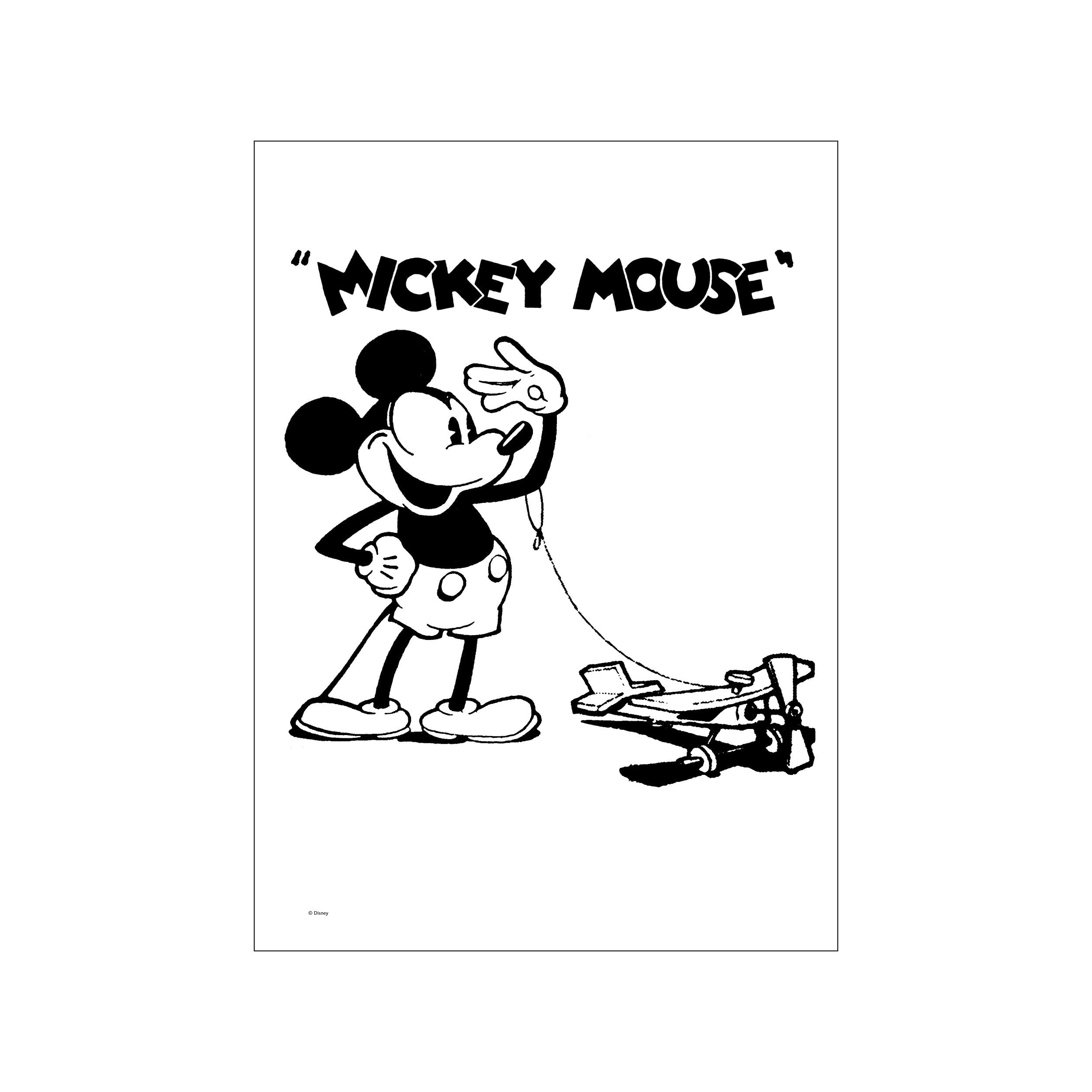 Mickey Mouse playfully interacting with a vintage toy airplane, rendered in a timeless black and white illustration style, evoking a sense of nostalgic joy and adventure for any room.