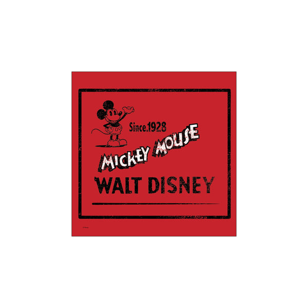 A vintage-style graphic featuring Mickey Mouse and the words 'Mickey Mouse' and 'Walt Disney' on a distressed crimson background, evoking a retro and playful vibe.