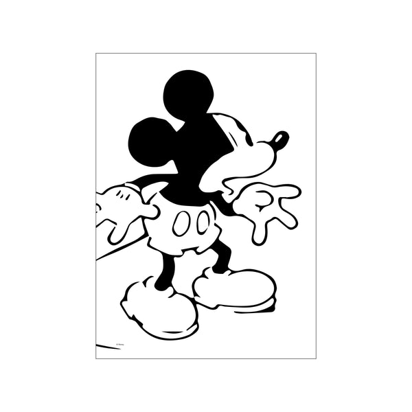 A classic, graphic silhouette of Mickey Mouse with wide, curious eyes, rendered in bold black and white against a clean white background. The artwork exudes a sense of playful wonder and nostalgic charm.