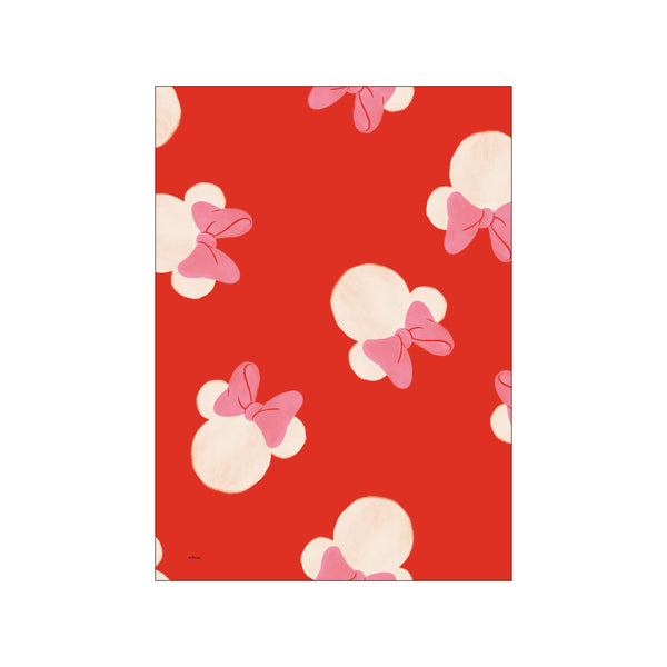 An art piece featuring a repeating pattern of soft, cream-colored circles with pink bows against a bright red background, evoking a playful and charming vibe.