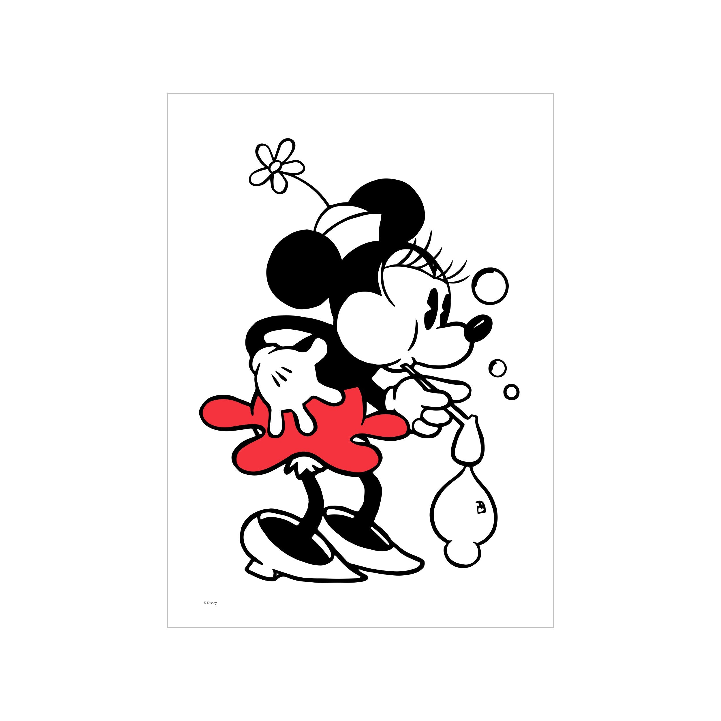 A black and white illustration of Minnie Mouse blowing bubbles, with a bright red accent on her dress. The artwork evokes a playful, nostalgic, and joyful mood, fitting for modern or bohemian decor.