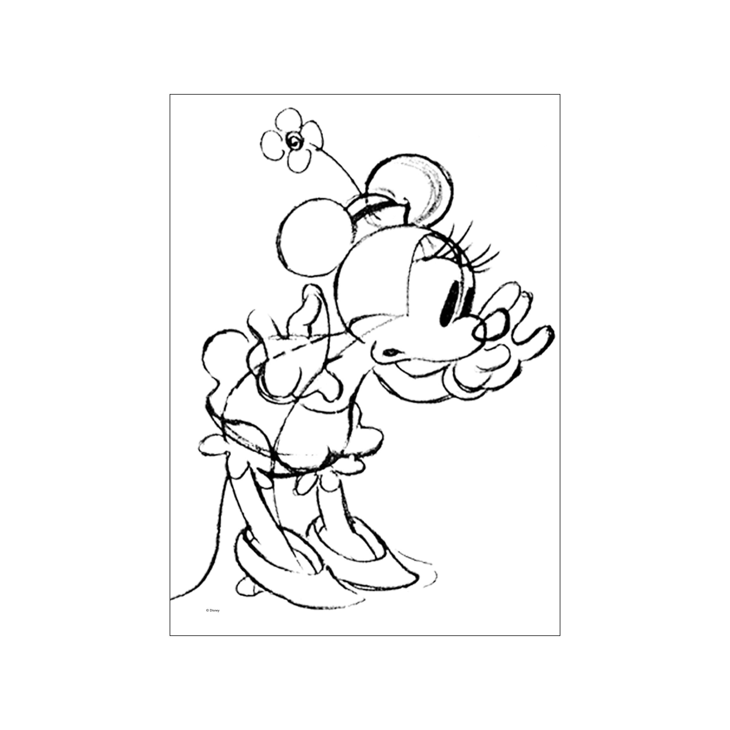 A black and white sketch of Minnie Mouse in a playful pose, with loose, expressive lines and a small flower accenting her head. The artwork has a whimsical and nostalgic vibe.