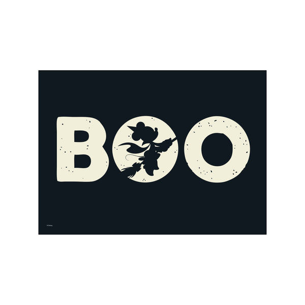 A silhouette of Minnie Mouse flying on a broomstick within the letter 'O' of the word 'BOO', set against a dark blue background with creamy, textured letters.
