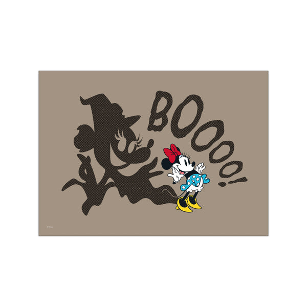 Minnie Mouse gleefully reacting to her own witch-like shadow playfully casting the word "Boo" in dotted texture on a taupe background, a delightful Halloween artwork.