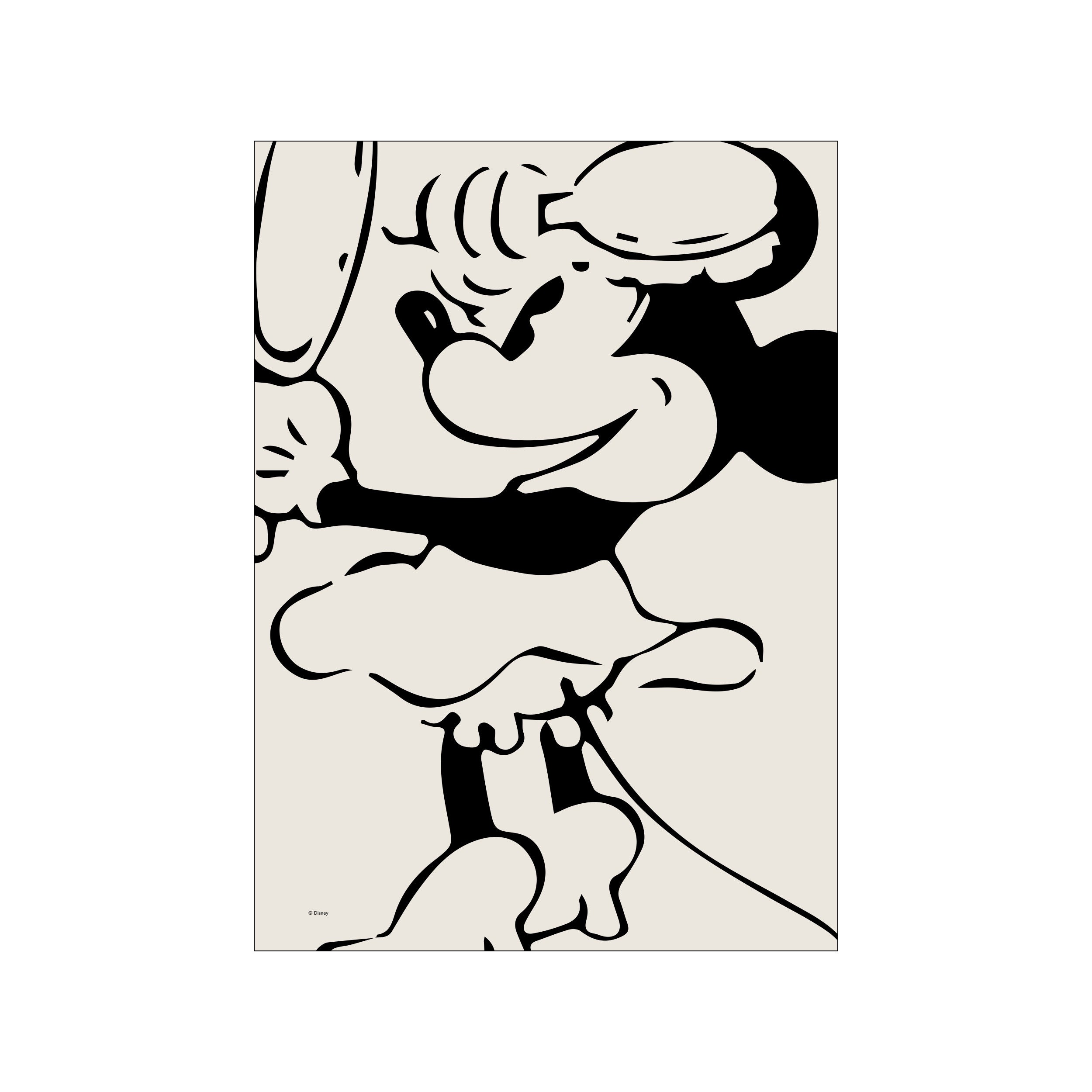 A graphic illustration of Minnie Mouse in a glamorous pose, rendered in bold black lines against a soft, neutral background, exuding a chic and nostalgic vibe.