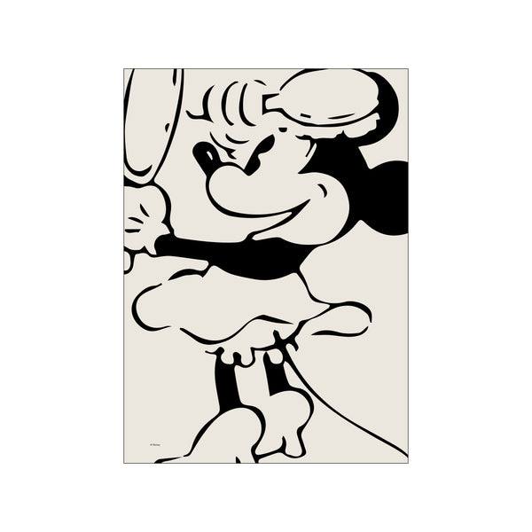A graphic illustration of Minnie Mouse in a glamorous pose, rendered in bold black lines against a soft, neutral background, exuding a chic and nostalgic vibe.