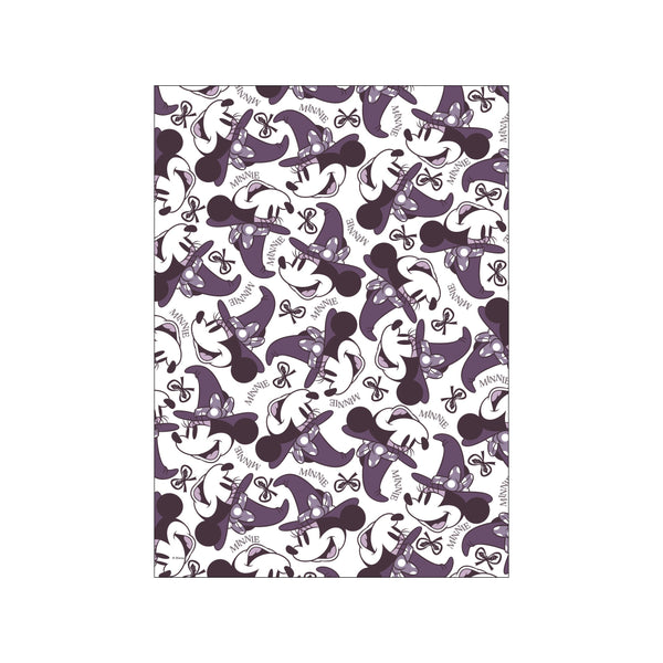 A charming pattern featuring Minnie Mouse wearing witch hats, with her name scattered throughout in a rich purple and white color palette, evoking a playful Halloween vibe.
