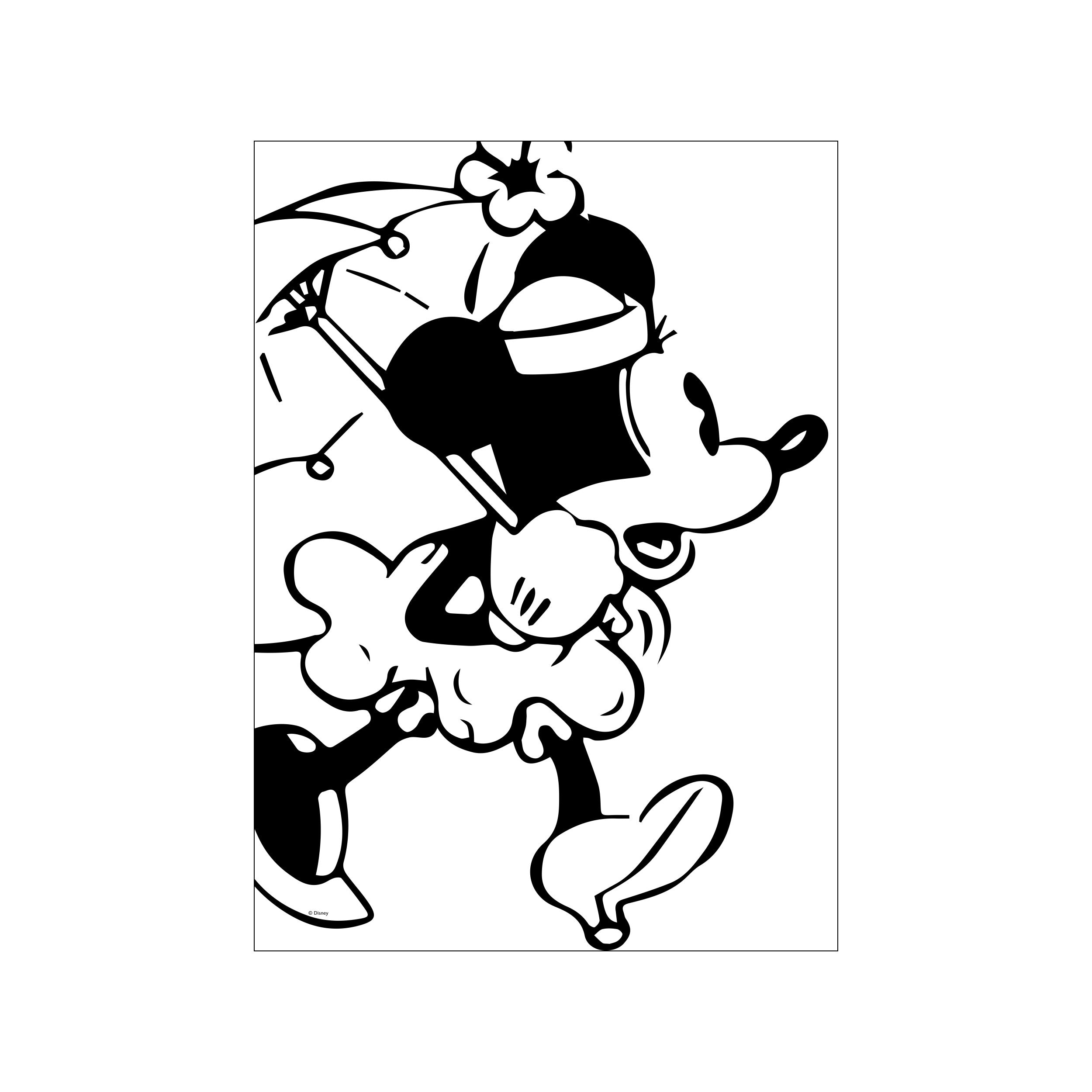 A dynamic black and white illustration of Minnie Mouse mid-stride, holding an umbrella with a joyful expression, suggesting a lighthearted dash through the rain. It evokes a whimsical and energetic vibe.