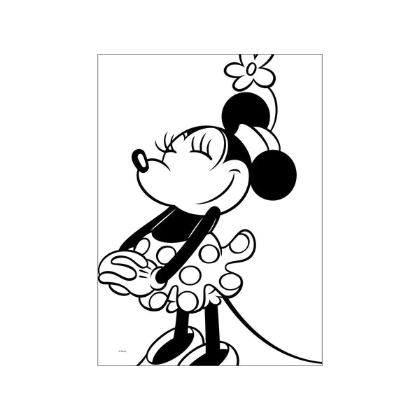 A black and white graphic illustration of Minnie Mouse with her eyes closed and a gentle smile, wearing her iconic polka dot dress and a flower in her hair, conveying a feeling of sweet confidence.
