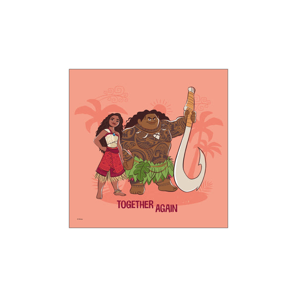 Moana and Maui stand together against a warm peach background with subtle tropical palm frond silhouettes. They are depicted in a charming, illustrative style with a vibrant, adventurous spirit.