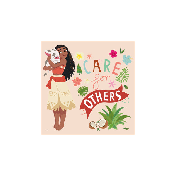 Moana holding Pua the pig with flowers and coconuts, surrounded by text that reads 'CARE for OTHERS' on a soft peach background, evoking a warm, tropical, and caring vibe.