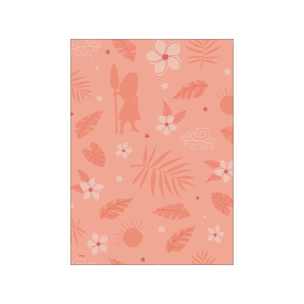 A coral-toned art piece featuring a silhouette of Moana holding a paddle, surrounded by tropical leaves, plumeria flowers, and subtle sun designs, set against a textured background.
