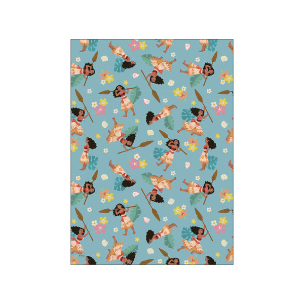 A repeating pattern featuring whimsical depictions of Moana holding a paddle, surrounded by stylized hibiscus flowers, palm leaves, and seashells on a soft blue background.