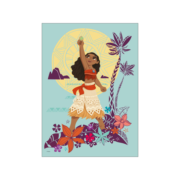 An art piece depicting Moana holding the Heart of Te Fiti, surrounded by stylized tropical leaves and flowers. The background features a sunburst and mountain silhouettes in soft blues, yellows, and purples.