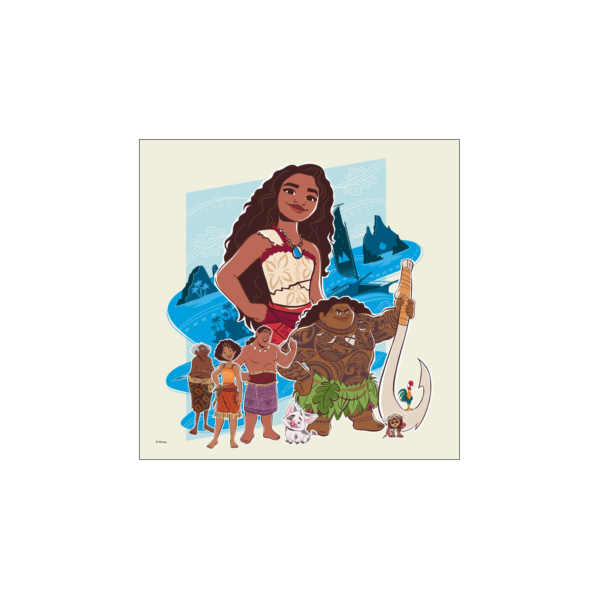 A colorful illustration featuring Disney's Moana, Maui, Hei Hei, Pua, and other island characters, set against a blue ocean and tropical island backdrop with a warm, light background.