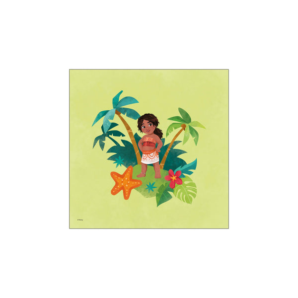 A depiction of the Disney character Moana standing on an island surrounded by palm trees, a starfish, and tropical flowers. The background is a soft, textured lime green, evoking a sense of warmth and adventure.