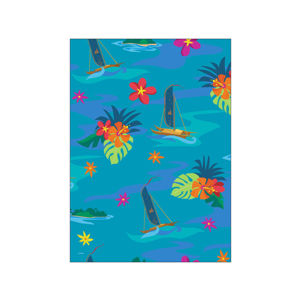 A bright, colorful illustration of traditional Hawaiian outrigger canoes sailing on a vibrant turquoise ocean, surrounded by lush green palm fronds, hibiscus flowers in shades of pink and orange, and small island silhouettes.