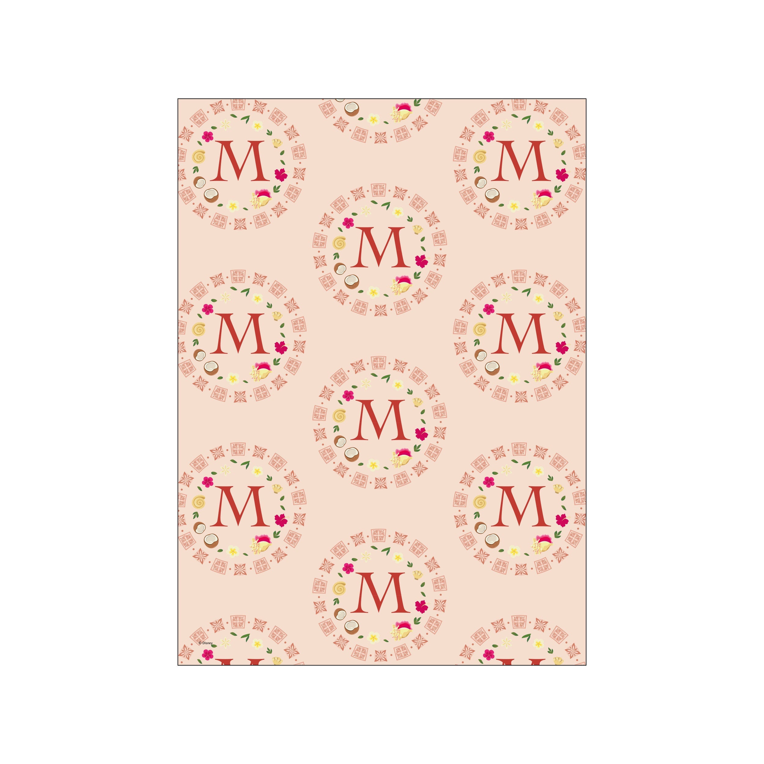 A repeating pattern of the letter 'M' framed by circular motifs. These motifs contain tropical flowers, seashells, and coconuts, all set against a soft blush background, evoking a coastal and whimsical island feel.