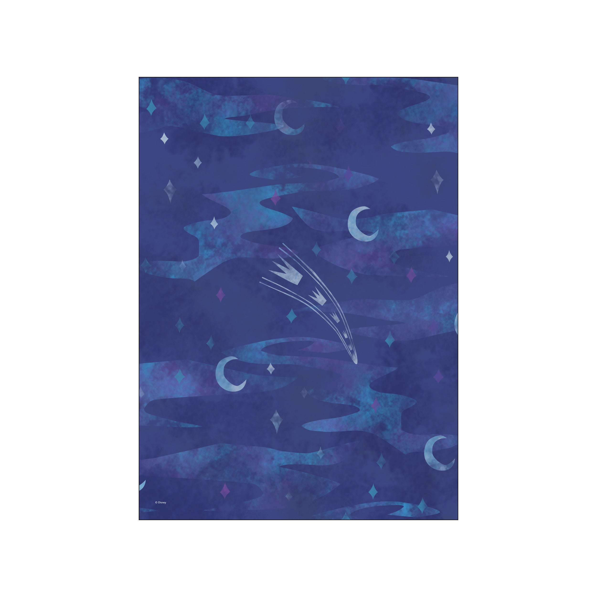 A dark blue night sky filled with swirling clouds in shades of teal and purple, scattered with small diamond shapes and crescent moons. A stylized shooting star with a crown-like trail streaks across the center.