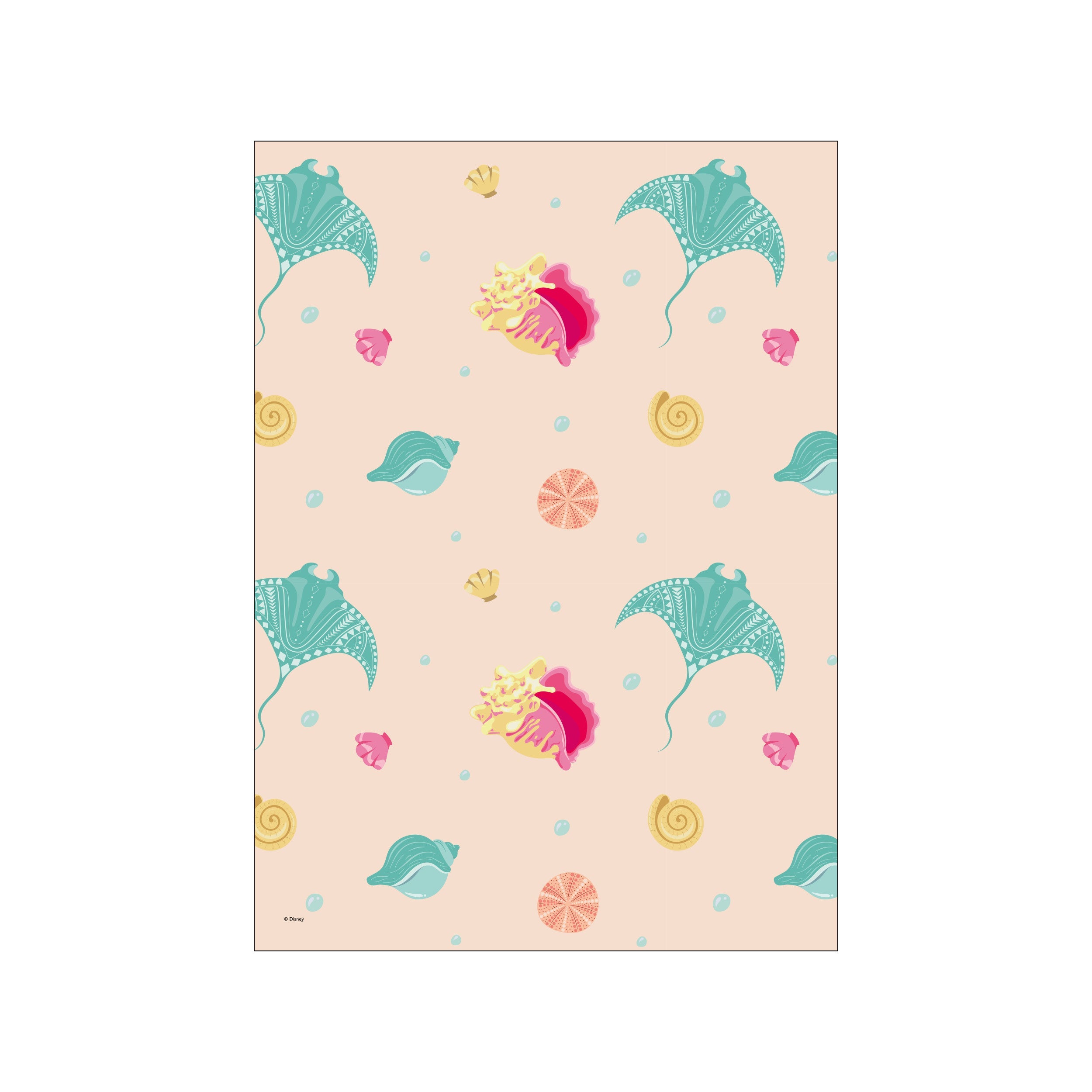 A charming pattern featuring teal manta rays with tribal designs, scattered seashells in pink, yellow, and teal, and small blue bubbles on a pale peach background, evoking a whimsical underwater scene.