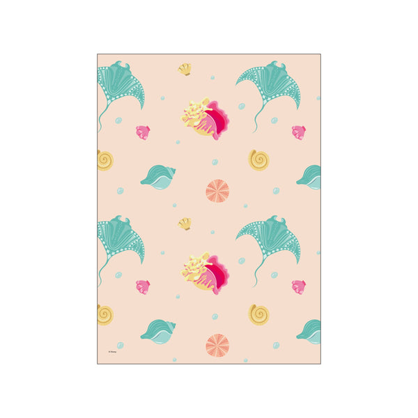 A charming pattern featuring teal manta rays with tribal designs, scattered seashells in pink, yellow, and teal, and small blue bubbles on a pale peach background, evoking a whimsical underwater scene.