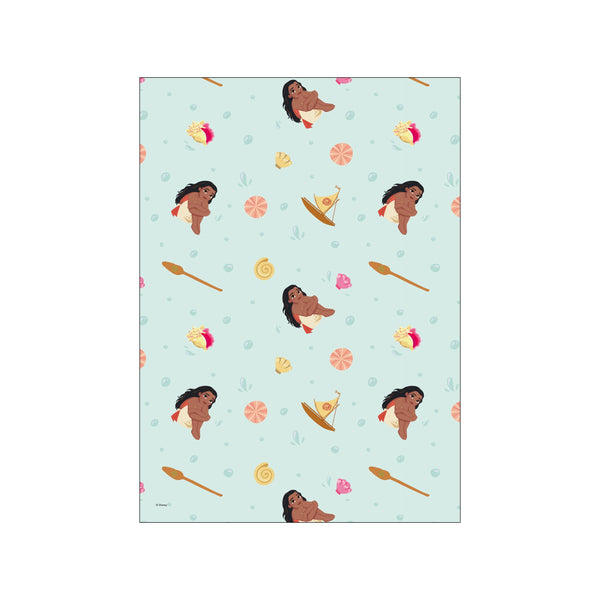 A charming visual pattern featuring stylized illustrations of young Moana resting on the water, interspersed with seashells, tiny boats, and gentle bubbles, all set against a soft blue ocean background.