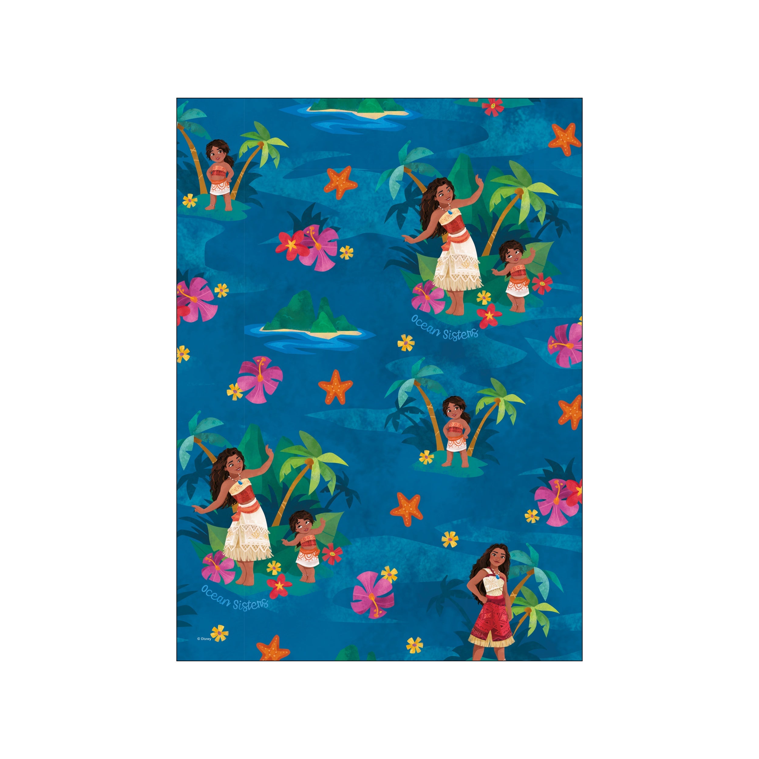 An art print depicting a tropical island scene with palm trees, hibiscus flowers, starfish, and dancing figures inspired by Moana on a deep blue ocean background, evoking a joyful and coastal vibe.