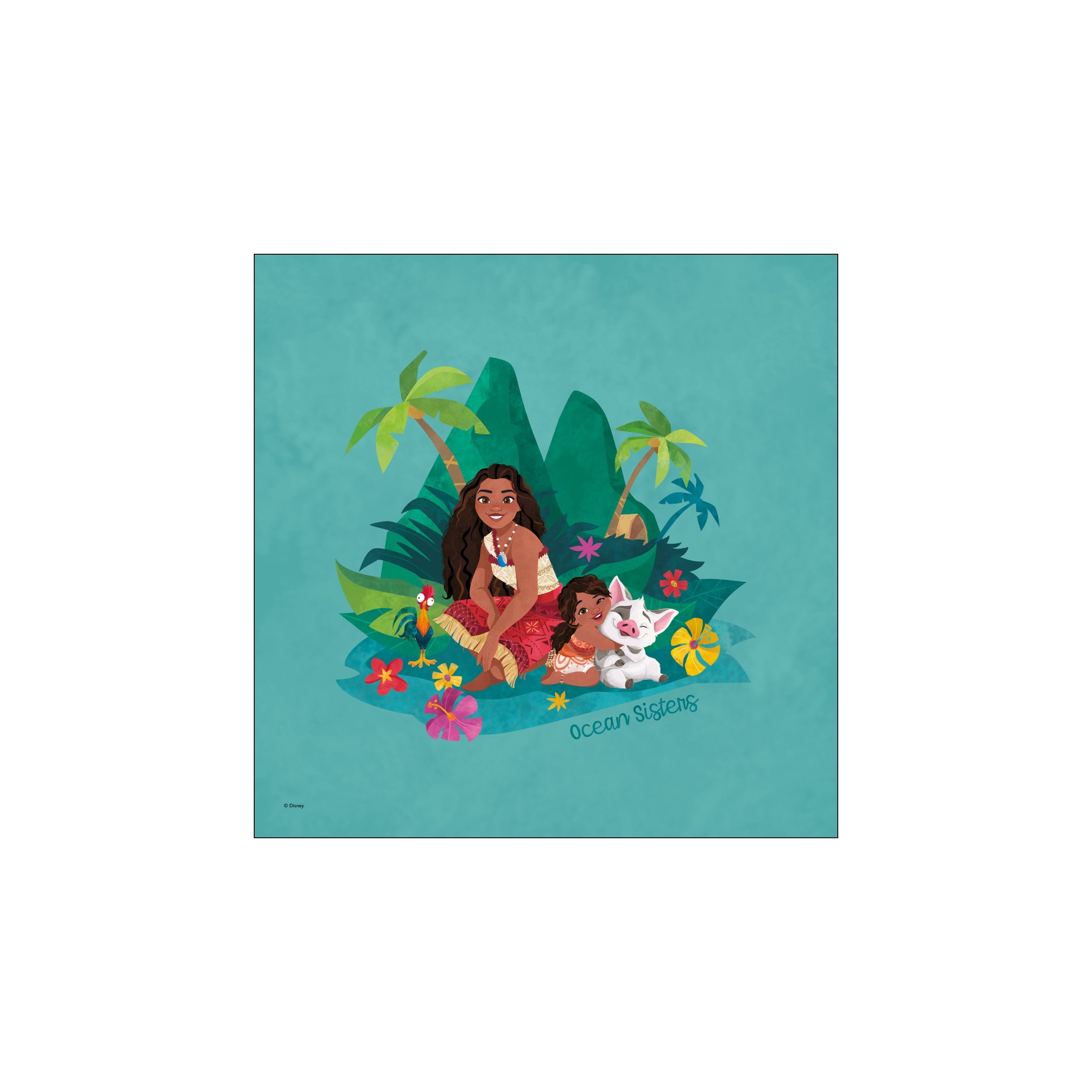 An art print shows Moana and a little girl embracing, with Pua the pig and Hei Hei the rooster nearby. Lush green foliage and tropical flowers surround them against a teal ocean backdrop.