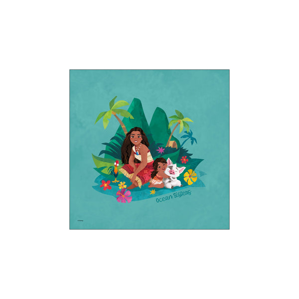 An art print shows Moana and a little girl embracing, with Pua the pig and Hei Hei the rooster nearby. Lush green foliage and tropical flowers surround them against a teal ocean backdrop.