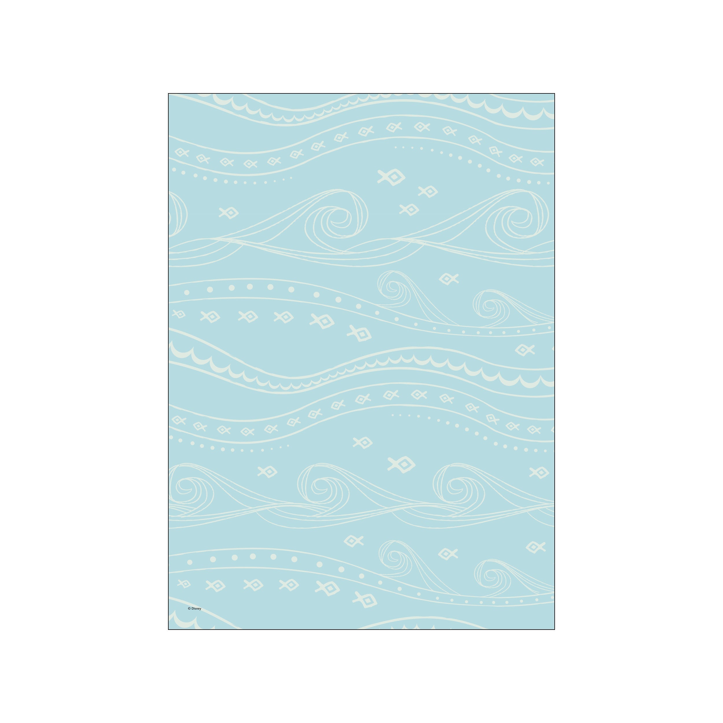 A delightful illustration of swirling ocean waves in white line art against a soft blue background, with rows of small stylized fish and dotted patterns.