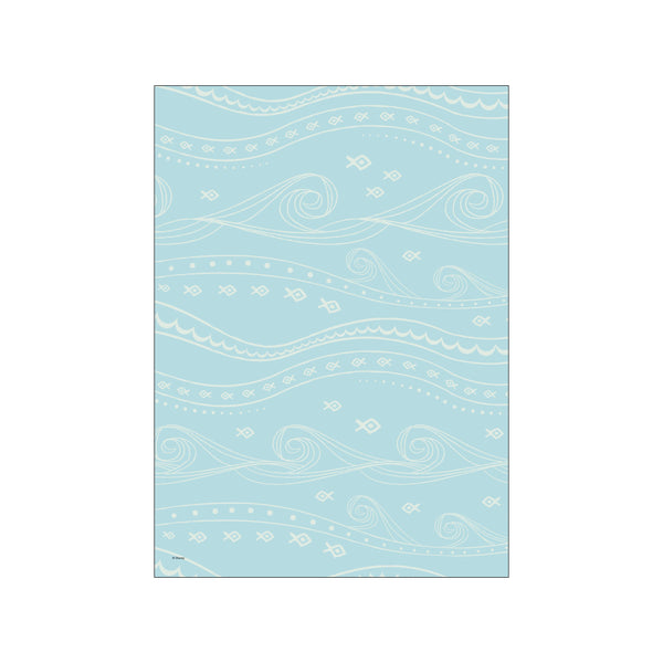 A delightful illustration of swirling ocean waves in white line art against a soft blue background, with rows of small stylized fish and dotted patterns.
