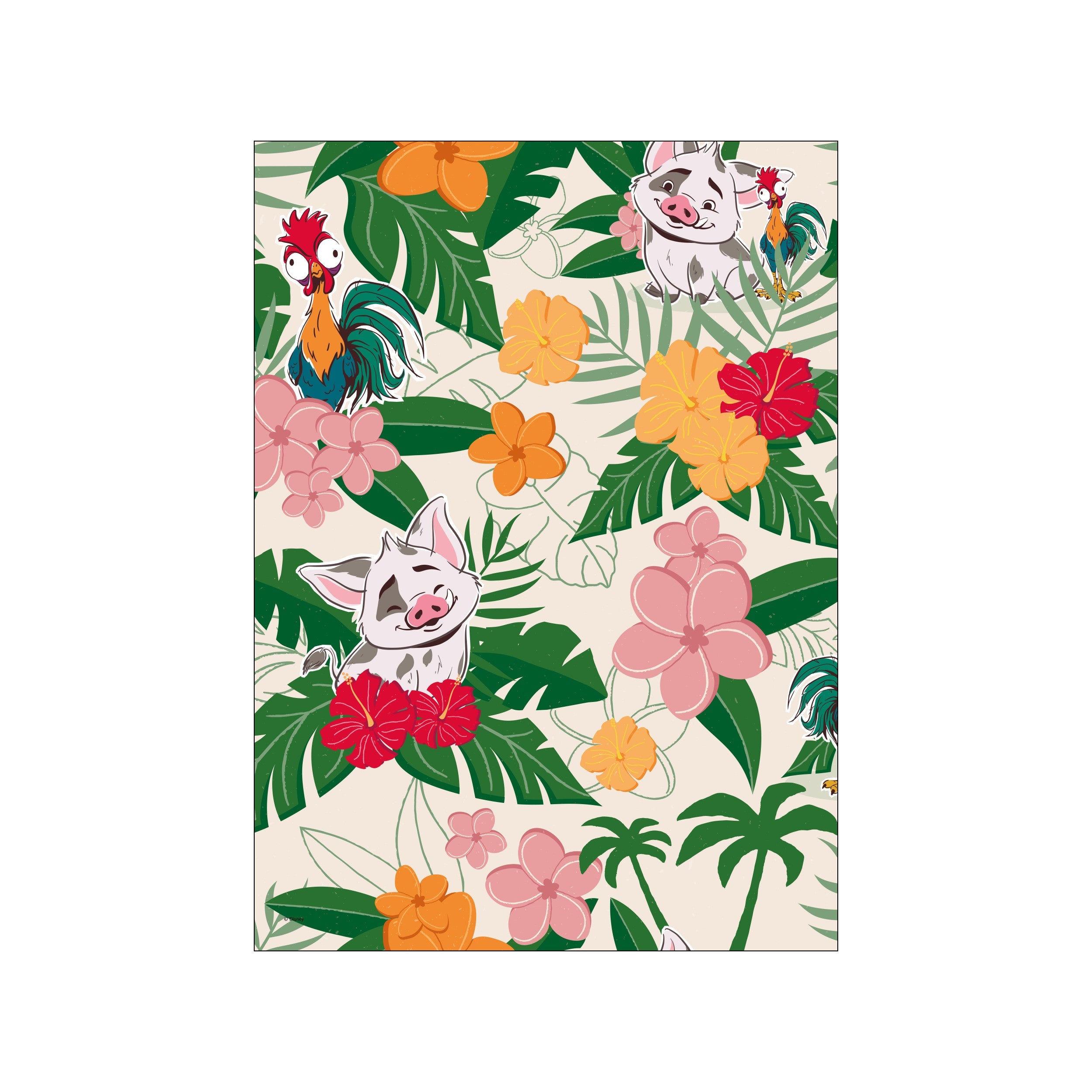 A whimsical Disney artwork featuring Pua the pig and Hei Hei the rooster nestled amongst vibrant green palm leaves and colorful hibiscus flowers in shades of pink, orange, and red on a soft cream background.