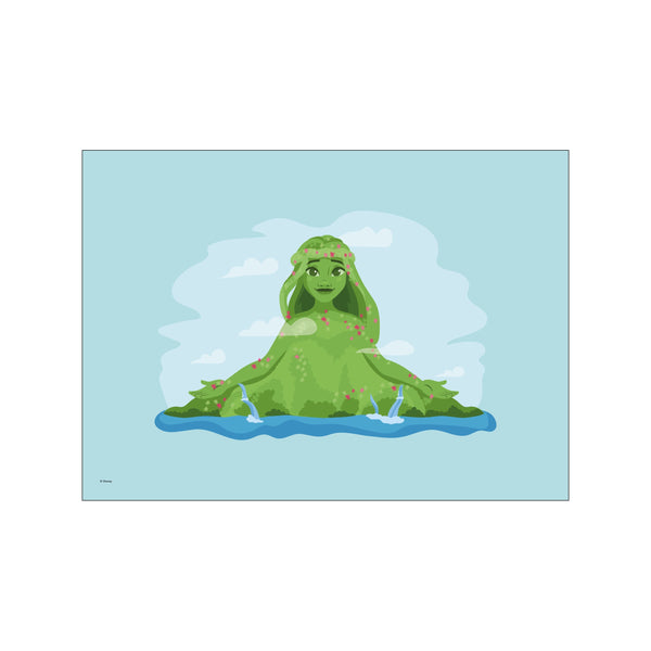 A whimsical depiction of Te Fiti, the Earth Mother, emerging from lush green land adorned with pink flowers, set against a soft blue sky with clouds and gentle waterfalls.