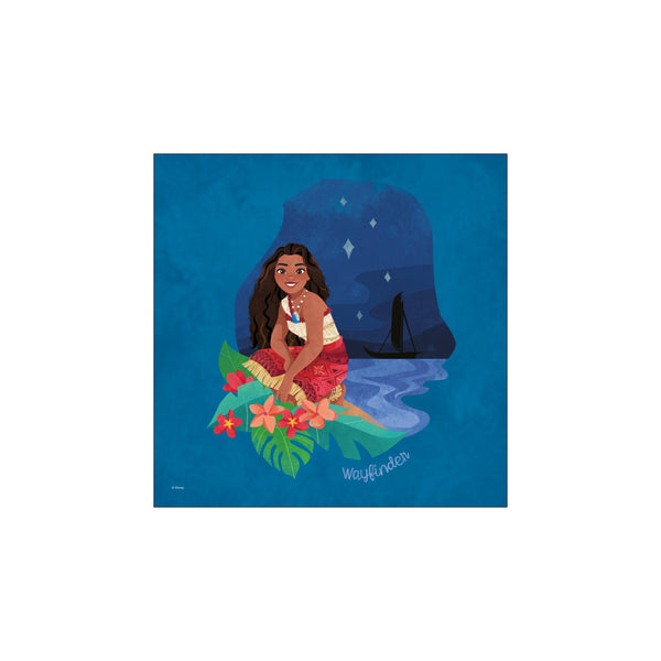 Artwork of Disney's Moana sitting amidst tropical leaves with a canoe sailing on a starlit ocean. Features vibrant coral and leaf greens against a deep blue background.