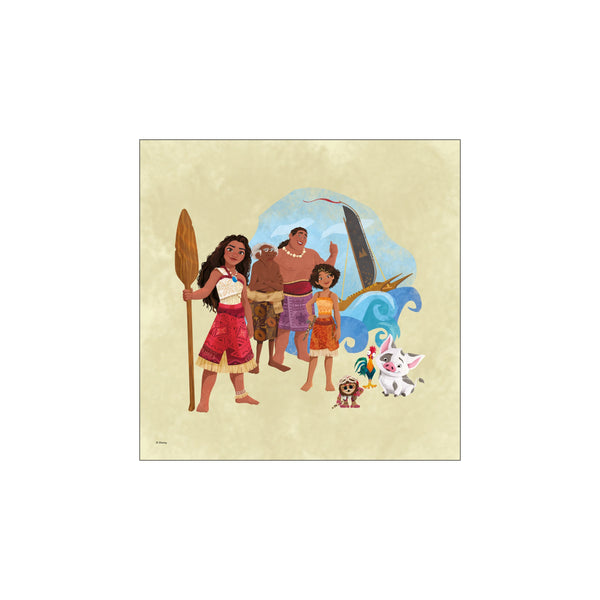 An illustration featuring Moana, Maui, their animal friends Hei Hei and Pua, and other family members, set against a textured light yellow background with a stylized blue ocean and sailboat.