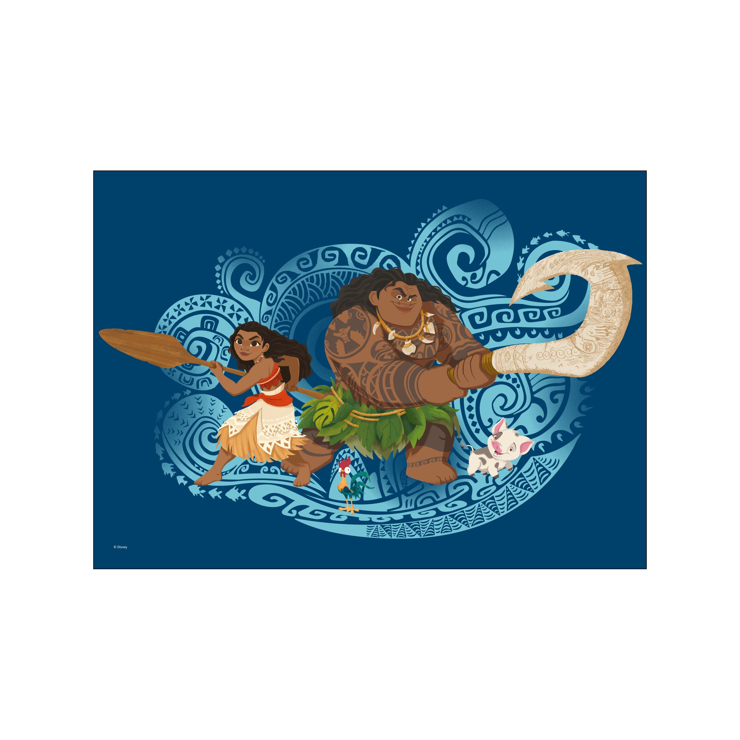An illustration depicting Disney's Moana and Maui with Heihei and Pua against a deep blue background filled with swirling Polynesian tribal patterns and ocean waves.