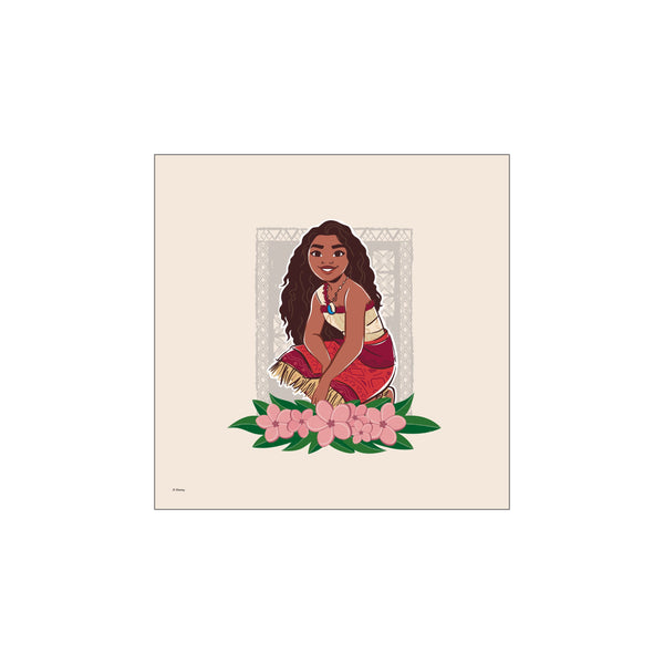 A charming illustration of Disney's Moana kneeling amongst pink plumeria flowers, her joyful smile radiating warmth against a neutral, patterned background.