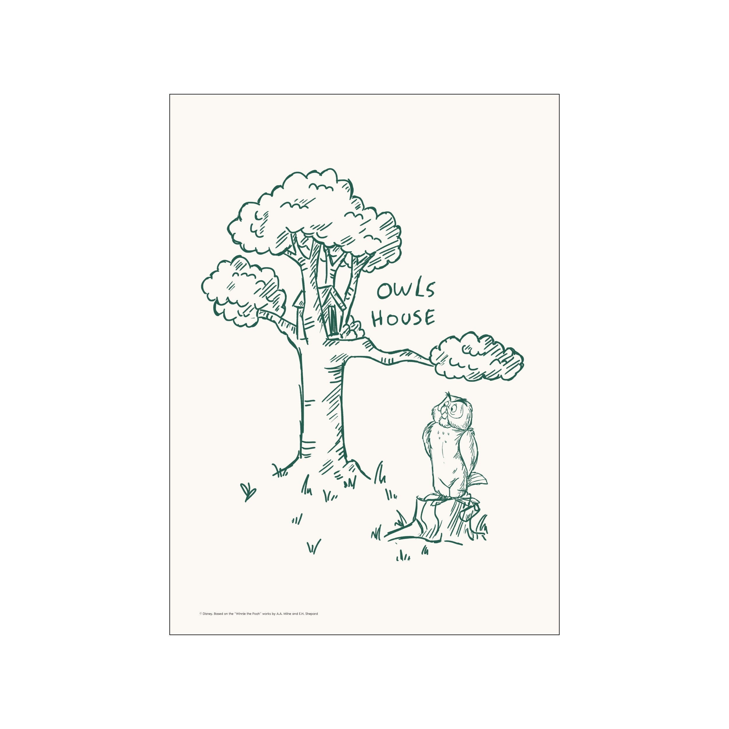 A charming sketch in deep green on a cream background features a large tree with a small house built into its trunk. An owl sits on a nearby tree stump, looking upwards. The words "Owls.