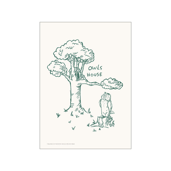 A charming sketch in deep green on a cream background features a large tree with a small house built into its trunk. An owl sits on a nearby tree stump, looking upwards. The words "Owls.