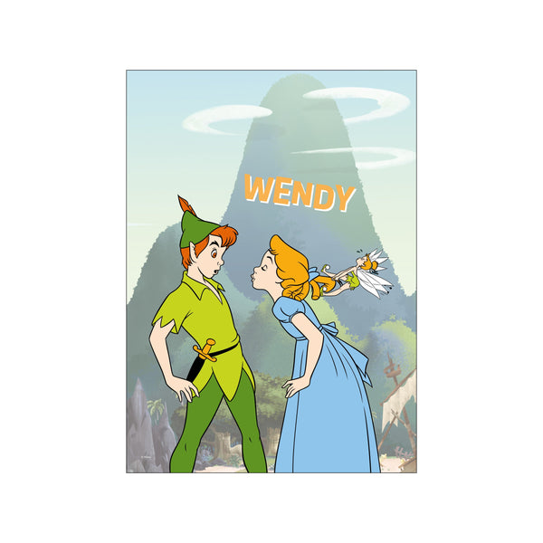 An illustration of Peter Pan and Wendy Darling sharing a whimsical moment against a backdrop of Neverland's misty mountains and lush greenery, rendered in a soft, storybook color palette.