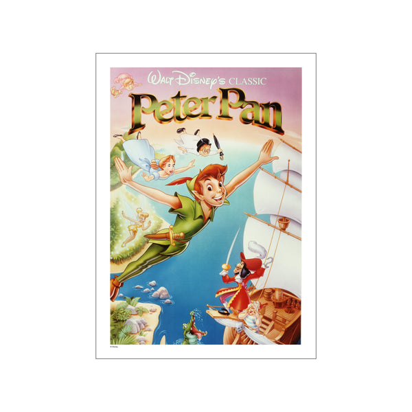 Peter Pan, Wendy Darling, Tinker Bell, and Captain Hook in a vibrant sky above Neverland, with a pirate ship and crocodile below. The artwork is full of color and adventure.