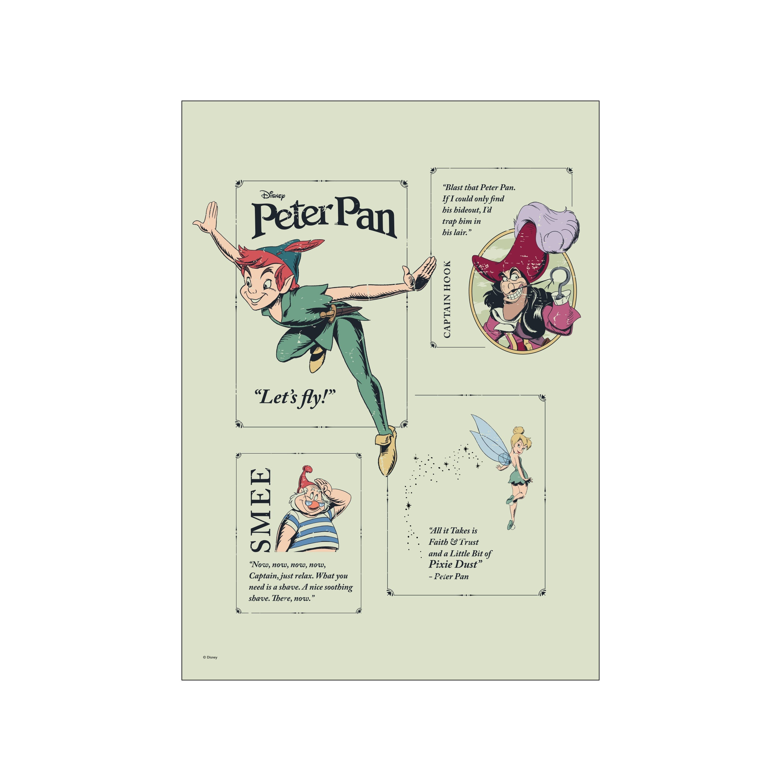 A vintage-inspired collage featuring Peter Pan, Captain Hook, Smee, and Tinker Bell from Disney's Peter Pan, presented on a soft sage green background with iconic quotes.