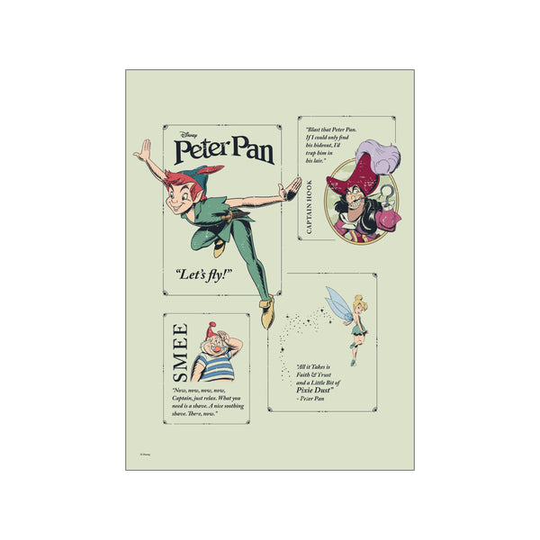 A vintage-inspired collage featuring Peter Pan, Captain Hook, Smee, and Tinker Bell from Disney's Peter Pan, presented on a soft sage green background with iconic quotes.