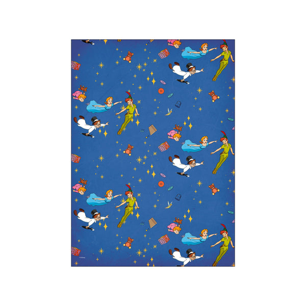 An illustration of Peter Pan, Wendy Darling, the Lost Boys, and Tinkerbell gracefully flying through a starry, deep blue night sky, surrounded by teddy bears and alphabet blocks.