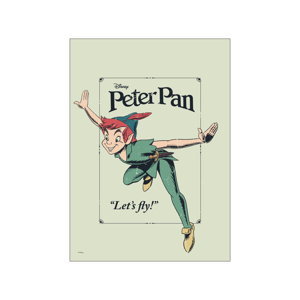 Peter Pan in his iconic green outfit, mid-air with arms outstretched and a joyful expression. The artwork has a vintage feel with a muted green background and 'Let's fly!' text.