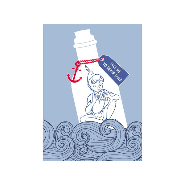 An illustration of Peter Pan sitting inside a glowing bottle amidst swirling blue waves, with a red anchor and a tag that reads 'Take Me to Never Land'.