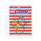 A vibrant artwork of Peter Pan mid-leap, his shadow stretching behind him, set against bold red and light gray horizontal stripes. The text "Never GROW UP" is prominent in playful blue lettering.