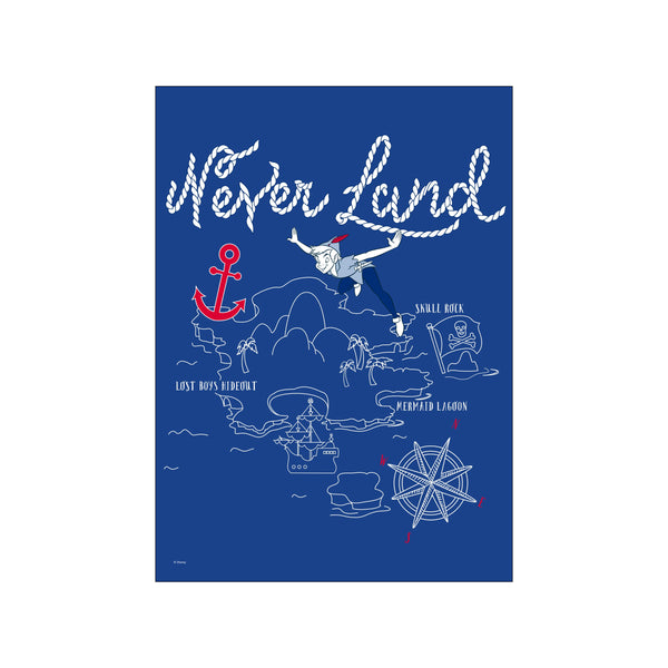 A whimsical map of Never Land on a deep blue background, showcasing Peter Pan flying, a pirate ship, skull rock, and a compass rose, all depicted in white and red line art.